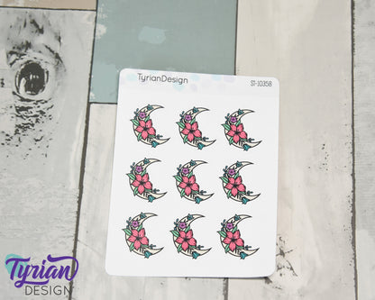 Spring Moon Stickers | Moon with Flowers | 9 Stickers per sheet | 1 x 1" Sticker size | | 3.5 x 4.5" Sheet | White or Clear Matte