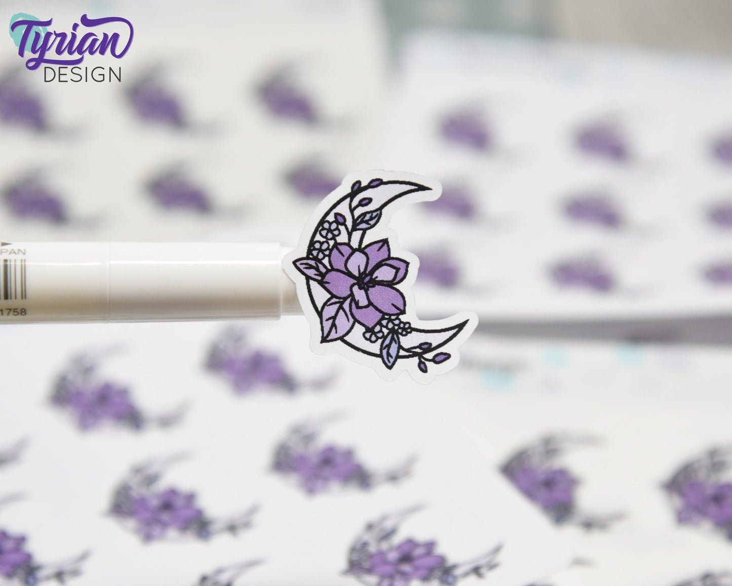 Purple Moon Stickers | Moon with Flowers | 9 Stickers per sheet | 1 x 1" Sticker size | | 3.5 x 4.5" Sheet | White or Clear Matte