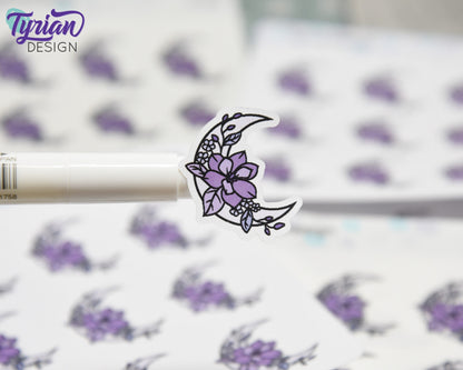 Purple Moon Stickers | Moon with Flowers | 9 Stickers per sheet | 1 x 1" Sticker size | | 3.5 x 4.5" Sheet | White or Clear Matte