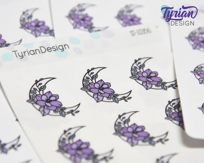 Purple Moon Stickers | Moon with Flowers | 9 Stickers per sheet | 1 x 1" Sticker size | | 3.5 x 4.5" Sheet | White or Clear Matte