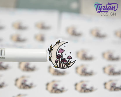 Fall Moon Stickers | Moon with Mushrooms | 9 Stickers per sheet | 1 x 1" Sticker size | | 3.5 x 4.5" Sheet | White or Clear Matte