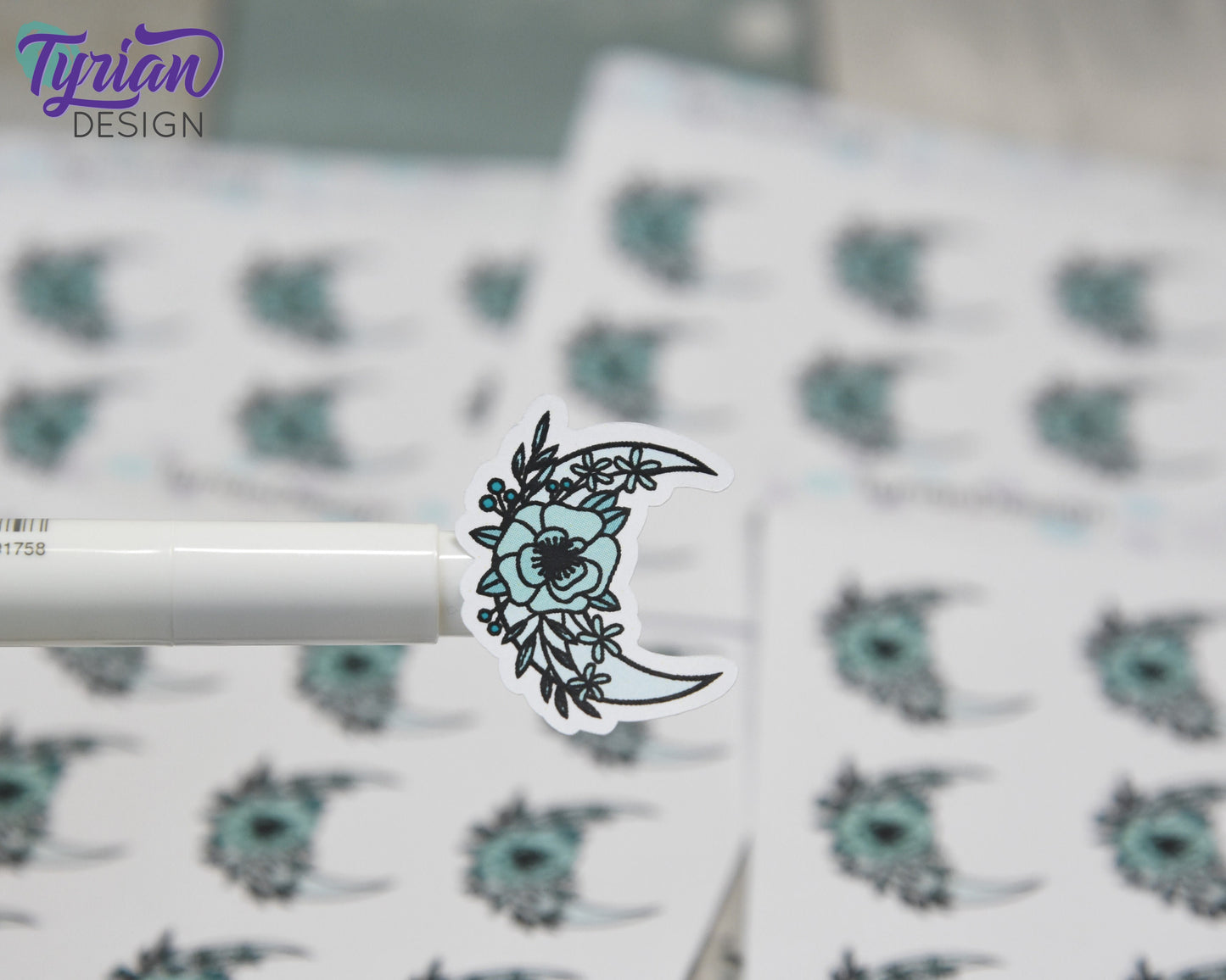 Turquoise Moon Stickers | Moon with Flowers | 9 Stickers per sheet