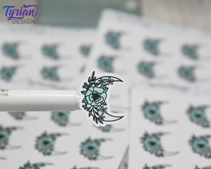 Turquoise Moon Stickers | Moon with Flowers | 9 Stickers per sheet
