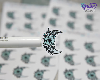 Turquoise Moon Stickers | Moon with Flowers | 9 Stickers per sheet