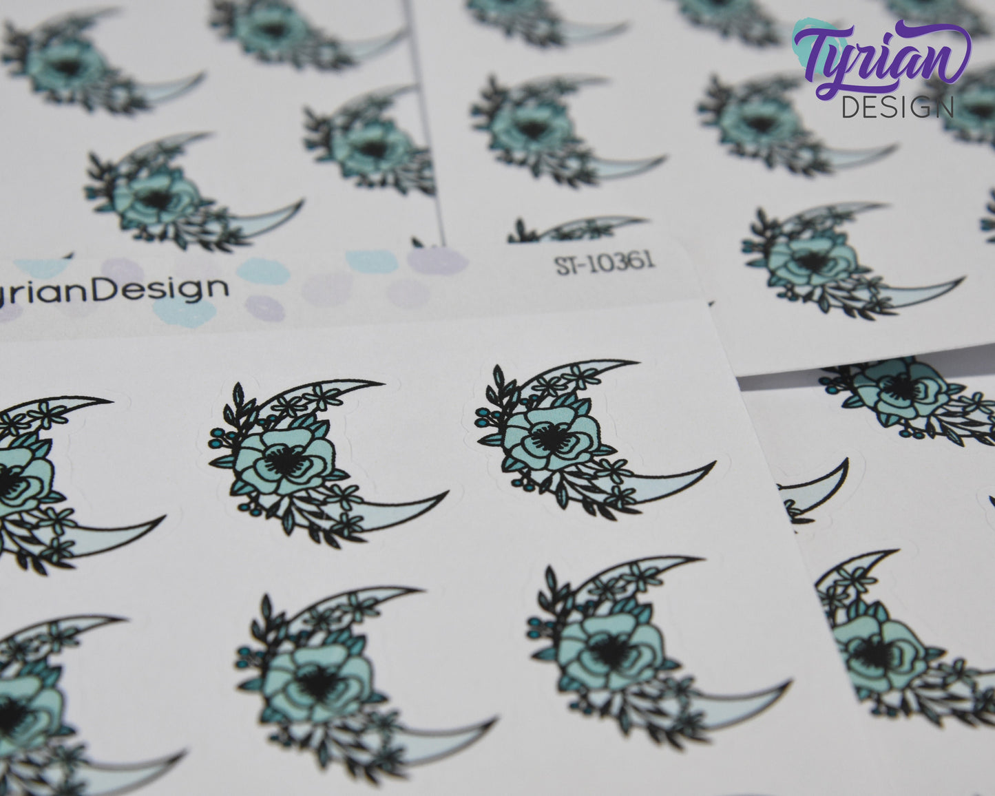 Turquoise Moon Stickers | Moon with Flowers | 9 Stickers per sheet