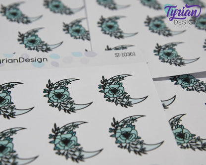 Turquoise Moon Stickers | Moon with Flowers | 9 Stickers per sheet