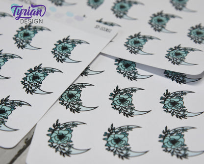 Turquoise Moon Stickers | Moon with Flowers | 9 Stickers per sheet
