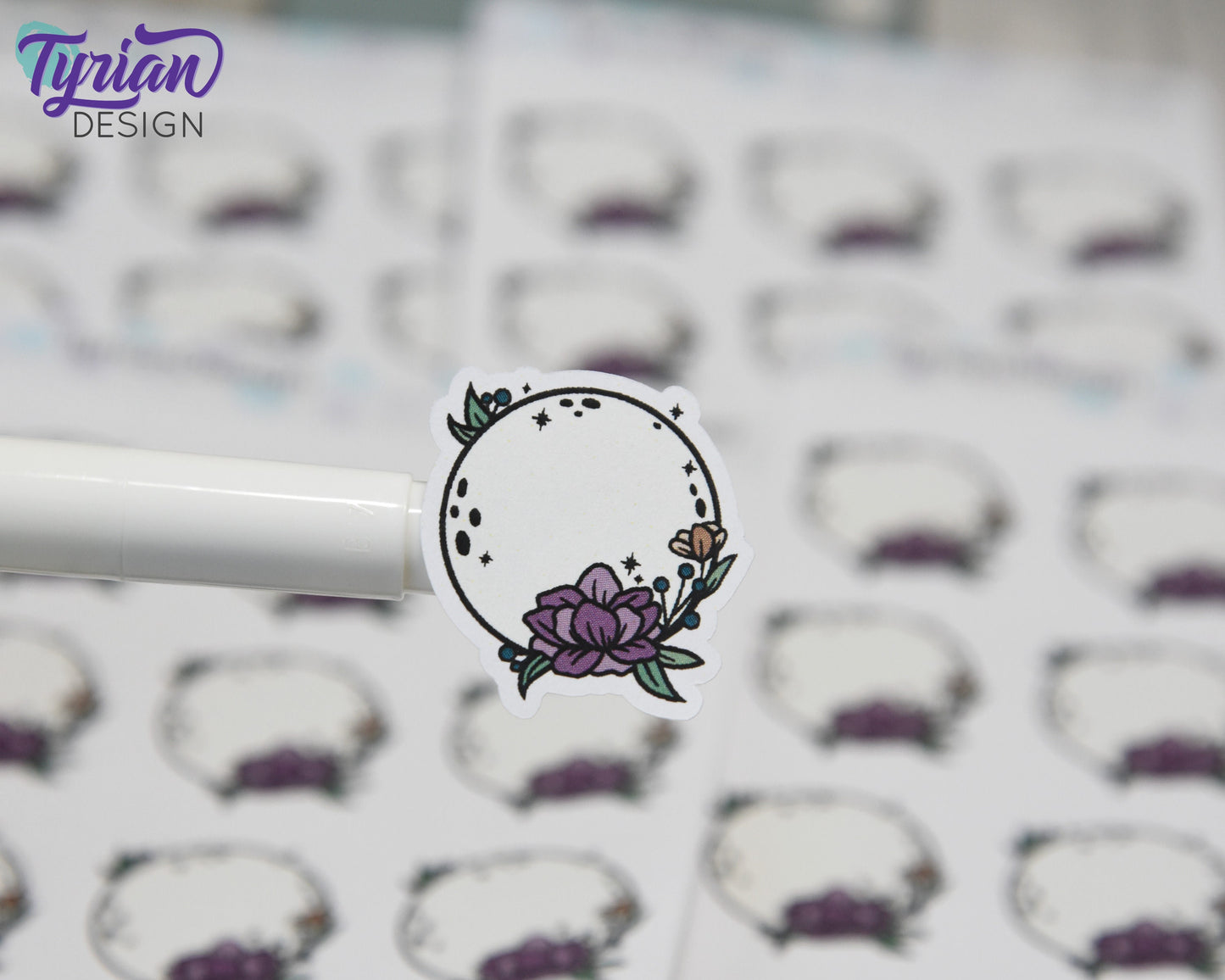 Full Moon Stickers | Full Moon with Flowers | 9 Stickers per sheet | 1 x 1" Sticker size | | 3.5 x 4.5" Sheet | White or Clear Matte