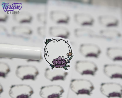 Full Moon Stickers | Full Moon with Flowers | 9 Stickers per sheet | 1 x 1" Sticker size | | 3.5 x 4.5" Sheet | White or Clear Matte