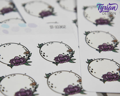 Full Moon Stickers | Full Moon with Flowers | 9 Stickers per sheet | 1 x 1" Sticker size | | 3.5 x 4.5" Sheet | White or Clear Matte