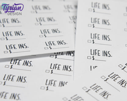 Life Insurance Stickers | 18 Stickers | .78" x .54" Each | Charley Font