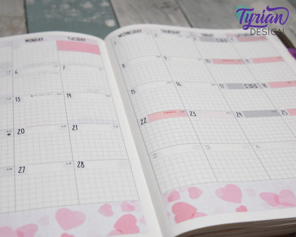 Falling Hearts Monthly Kit | Hobonichi Cousin | Monthly kit A5 | Simple Hobonichi Kit | Sunday or Monday Start | 5x7 Sheet | 47 Stickers