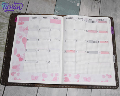 Falling Hearts Monthly Kit | Hobonichi Cousin | Monthly kit A5 | Simple Hobonichi Kit | Sunday or Monday Start | 5x7 Sheet | 47 Stickers