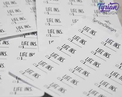 Life Insurance Stickers | 18 Stickers | .78" x .54" Each | Charley Font