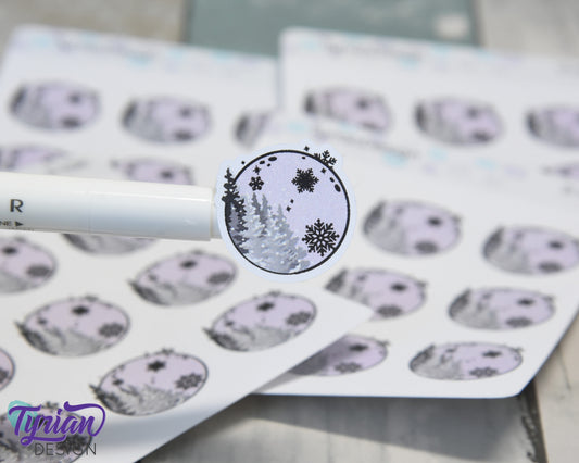 Full Moon Stickers | Winter Full Moon with Snow | 9 Stickers per sheet | 1 x 1" Sticker size | | 3.5 x 4.5" Sheet | White or Clear Matte
