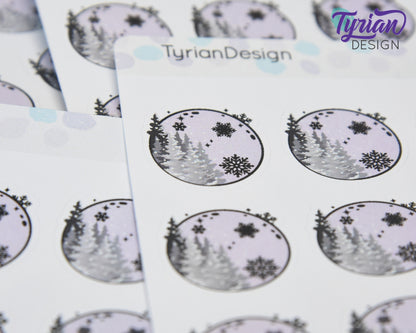 Full Moon Stickers | Winter Full Moon with Snow | 9 Stickers per sheet | 1 x 1" Sticker size | | 3.5 x 4.5" Sheet | White or Clear Matte