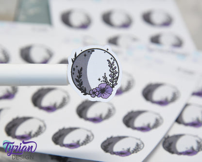 Waxing Gibbous Moon Stickers | Moon in Shadow | 9 Stickers per sheet | 1 x 1" Sticker size | | 3.5 x 4.5" Sheet | White or Clear Matte