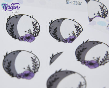 Waxing Gibbous Moon Stickers | Moon in Shadow | 9 Stickers per sheet | 1 x 1" Sticker size | | 3.5 x 4.5" Sheet | White or Clear Matte