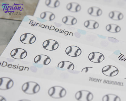 Baseball Stickers | Tiny Baseball stickers | Mini sheet | 18 stickers | .45 x .45" each | Baseball icon | White or Clear Matte