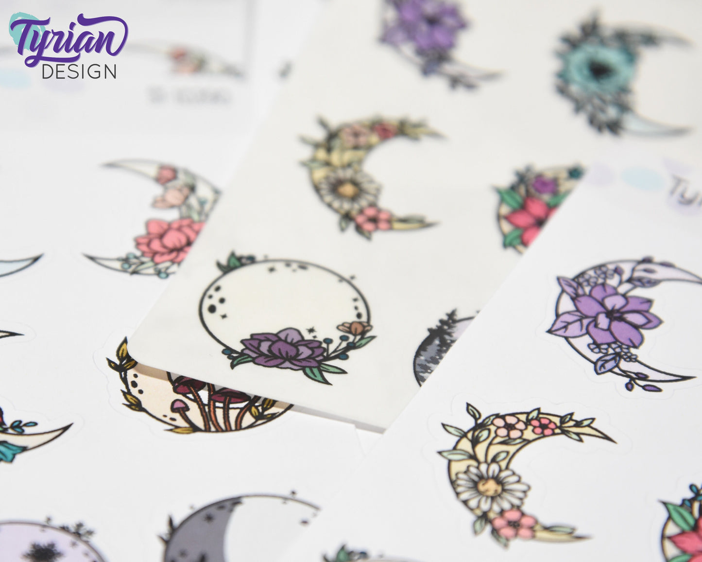 Moon Stickers | Variety Sheet of Moons | 9 Different Stickers per sheet | 1 x 1" Sticker size | | 3.5 x 4.5" Sheet | White or Clear Matte