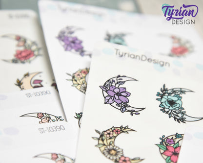 Moon Stickers | Variety Sheet of Moons | 9 Different Stickers per sheet | 1 x 1" Sticker size | | 3.5 x 4.5" Sheet | White or Clear Matte