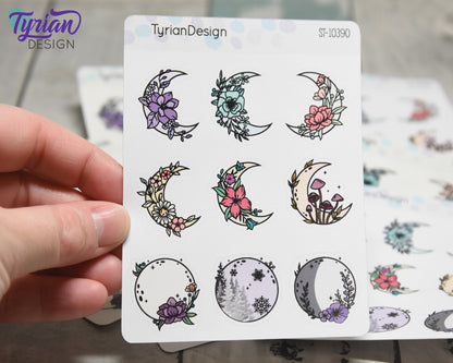 Moon Stickers | Variety Sheet of Moons | 9 Different Stickers per sheet | 1 x 1" Sticker size | | 3.5 x 4.5" Sheet | White or Clear Matte