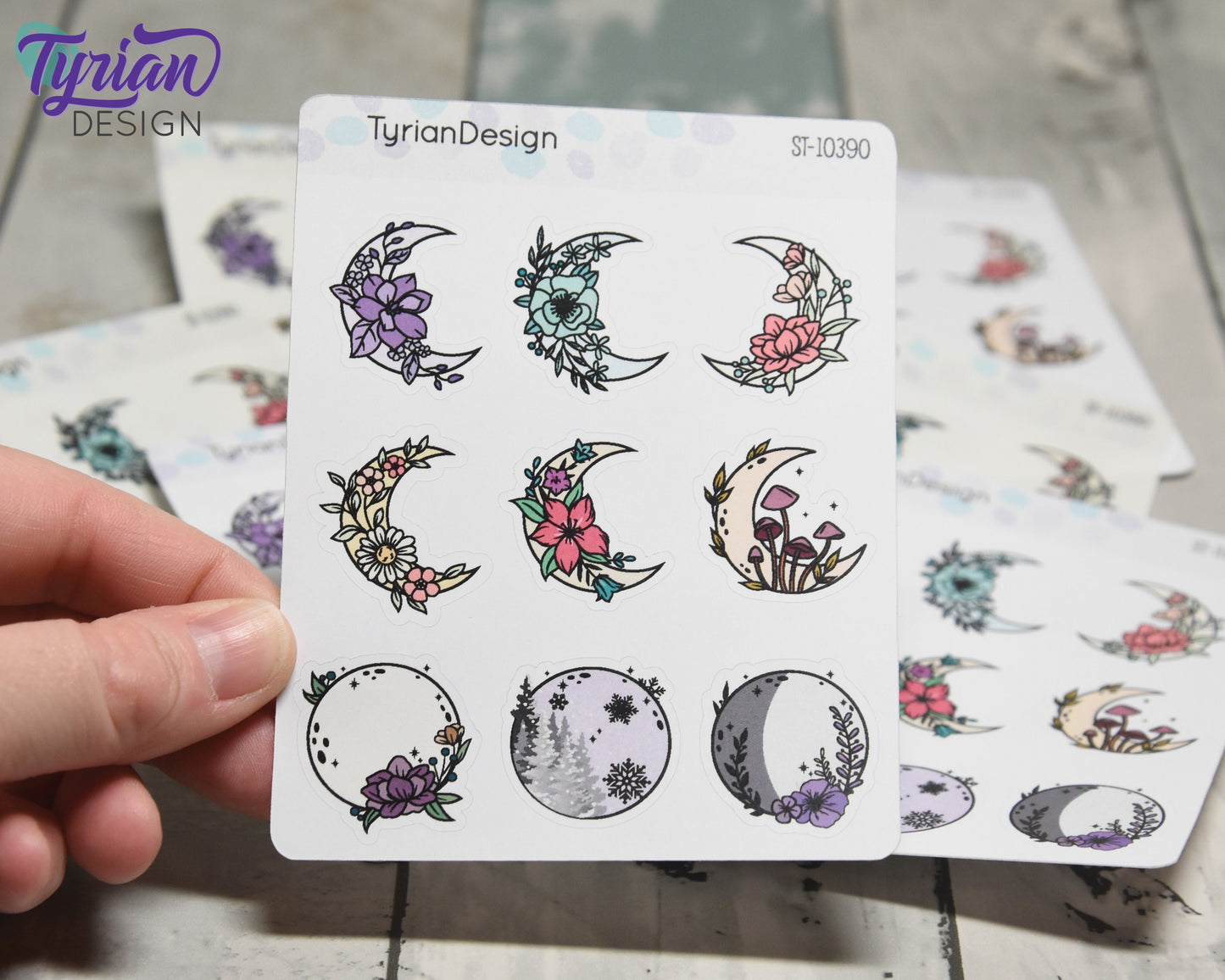 Moon Stickers | Variety Sheet of Moons | 9 Different Stickers per sheet | 1 x 1" Sticker size | | 3.5 x 4.5" Sheet | White or Clear Matte