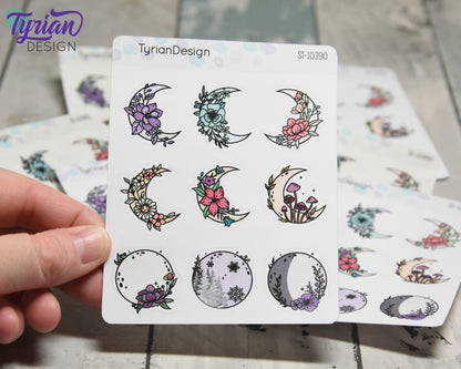 Moon Stickers | Variety Sheet of Moons | 9 Different Stickers per sheet | 1 x 1" Sticker size | | 3.5 x 4.5" Sheet | White or Clear Matte
