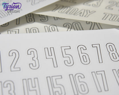 1-31 Stickers | Dates of the Month Stickers | 33 Stickers | .85"H x Various Width  | 5 x 7.25" Sheet | White or Clear Matte | Keeper Font