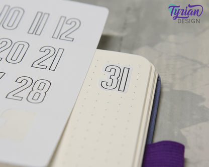 1-31 Stickers | Dates of the Month Stickers | 33 Stickers | .85"H x Various Width  | 5 x 7.25" Sheet | White or Clear Matte | Keeper Font