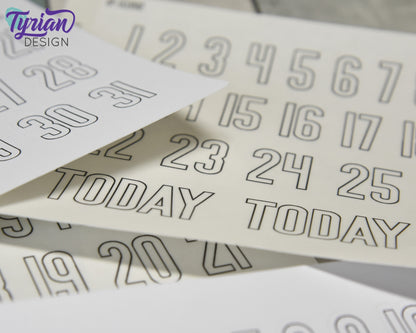 1-31 Stickers | Dates of the Month Stickers | 33 Stickers | .85"H x Various Width  | 5 x 7.25" Sheet | White or Clear Matte | Keeper Font
