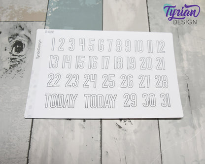 1-31 Stickers | Dates of the Month Stickers | 33 Stickers | .85"H x Various Width  | 5 x 7.25" Sheet | White or Clear Matte | Keeper Font