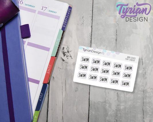 Swim Stickers Mini Sheet | Swimming stickers | 15 Stickers | Black Type | Clear or White matte | Swim Stickers