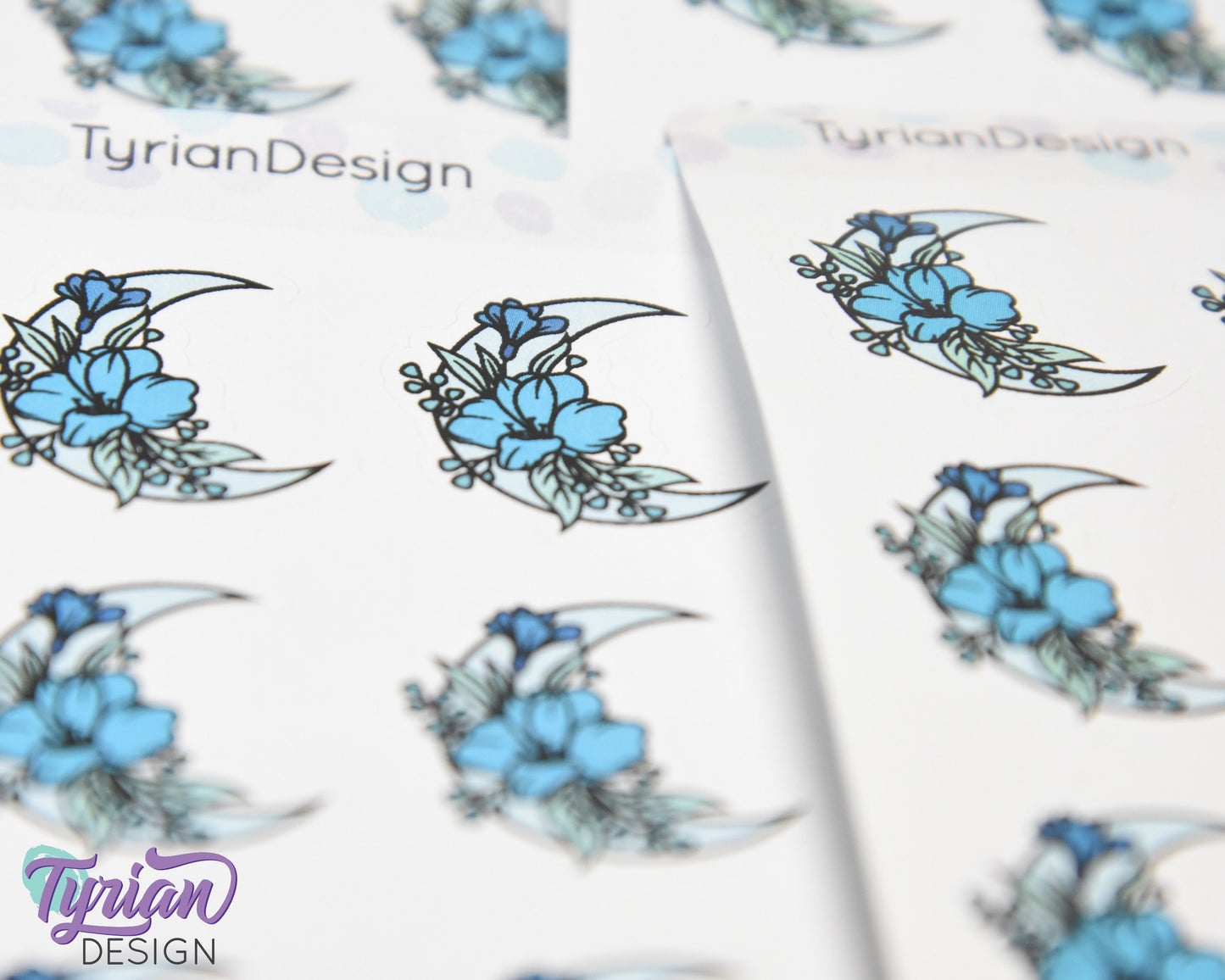 Blue Moon Stickers | Flower Moon in Blue | 9 Stickers per sheet | 1 x 1" Sticker size | | 3.5 x 4.5" Sheet | White or Clear Matte