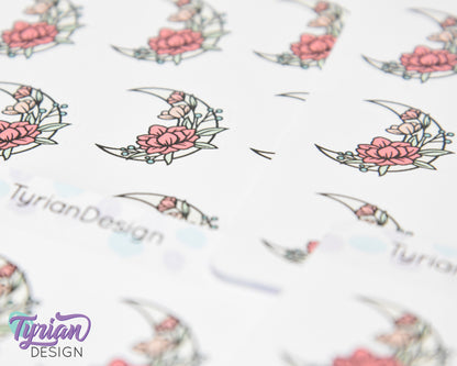 Pastel Moon Stickers | Crescent Flower Moon | 9 Stickers per sheet | 1 x 1" Sticker size | | 3.5 x 4.5" Sheet | White or Clear Matte