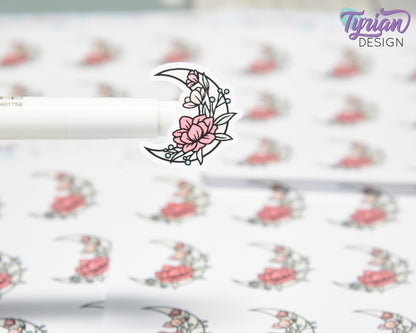 Pastel Moon Stickers | Crescent Flower Moon | 9 Stickers per sheet | 1 x 1" Sticker size | | 3.5 x 4.5" Sheet | White or Clear Matte
