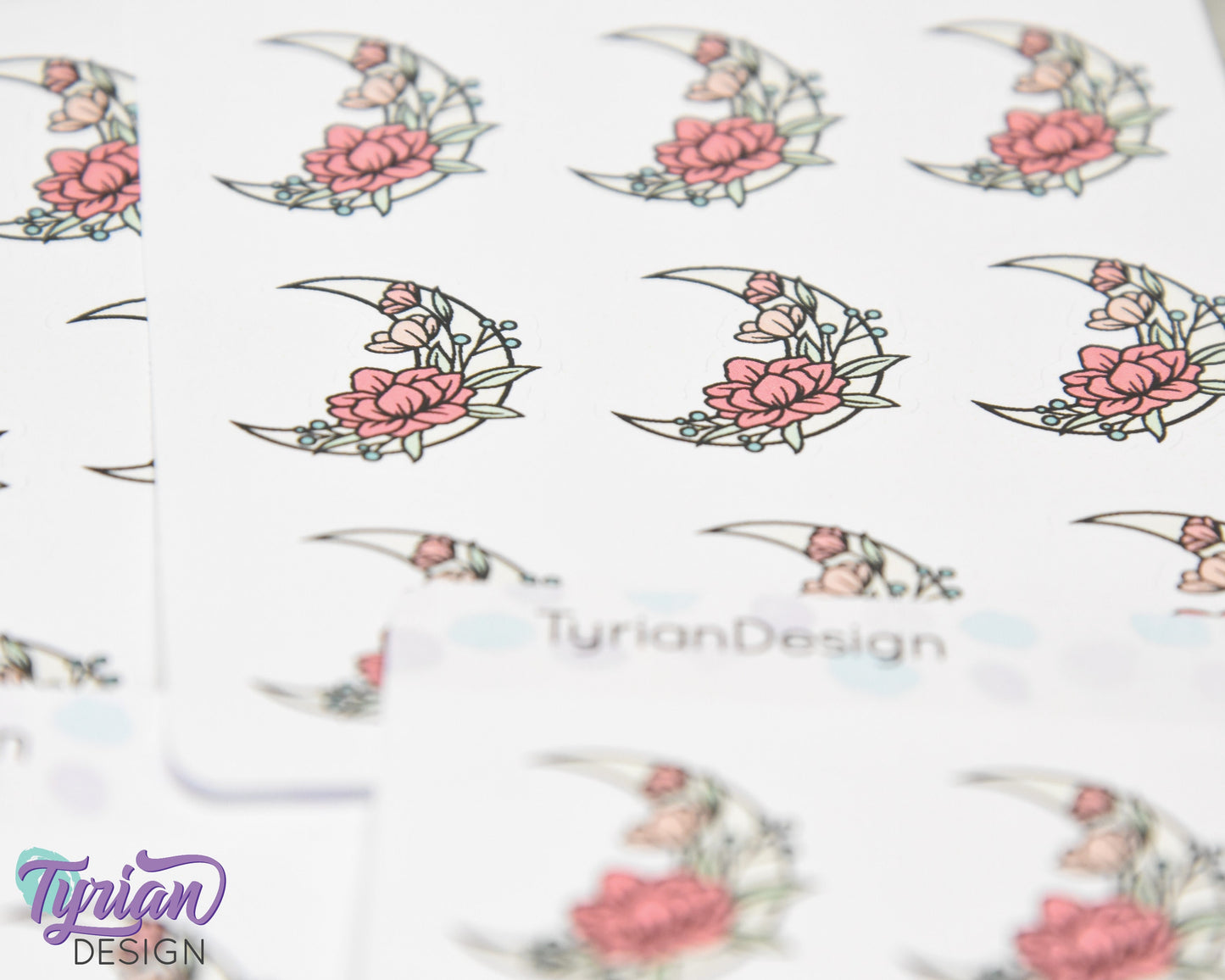 Pastel Moon Stickers | Crescent Flower Moon | 9 Stickers per sheet | 1 x 1" Sticker size | | 3.5 x 4.5" Sheet | White or Clear Matte