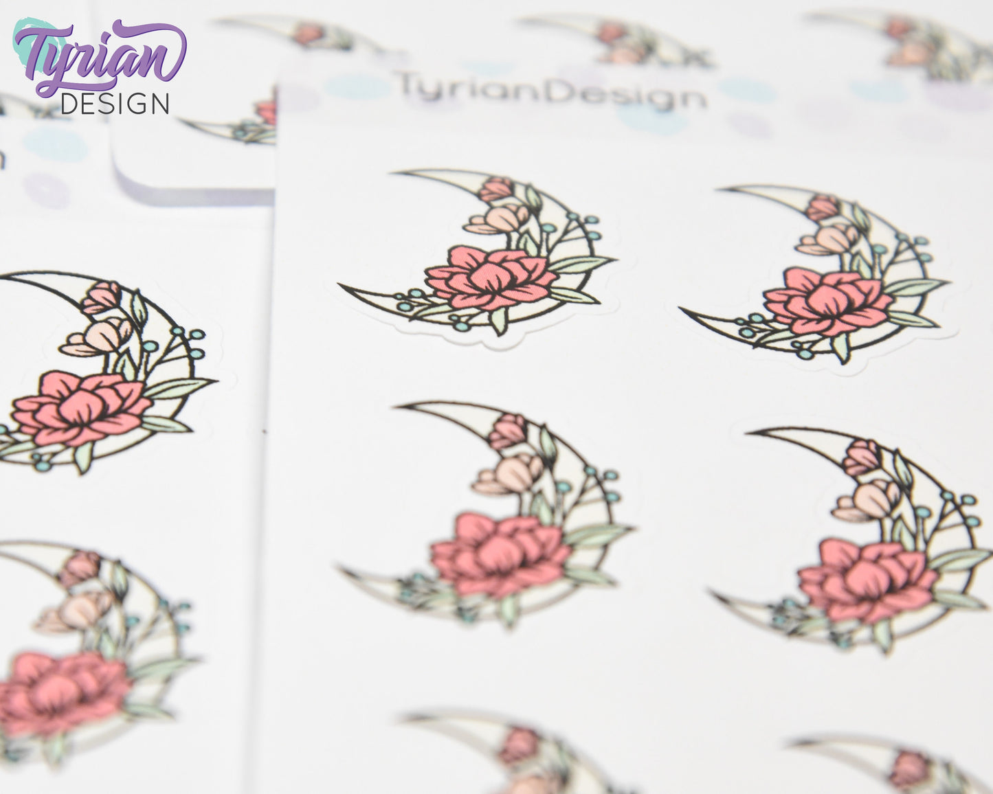 Pastel Moon Stickers | Crescent Flower Moon | 9 Stickers per sheet | 1 x 1" Sticker size | | 3.5 x 4.5" Sheet | White or Clear Matte