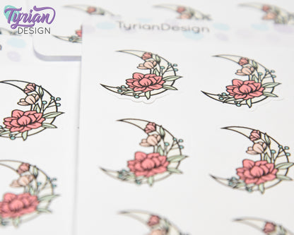 Pastel Moon Stickers | Crescent Flower Moon | 9 Stickers per sheet | 1 x 1" Sticker size | | 3.5 x 4.5" Sheet | White or Clear Matte