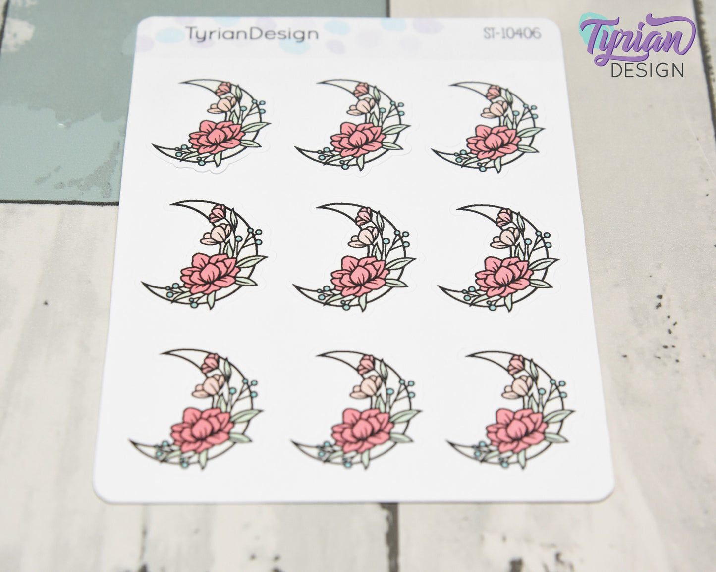 Pastel Moon Stickers | Crescent Flower Moon | 9 Stickers per sheet | 1 x 1" Sticker size | | 3.5 x 4.5" Sheet | White or Clear Matte