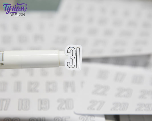 Dates of the Month Stickers | 31 Stickers | .6"H x Various Width  | Keeper Font