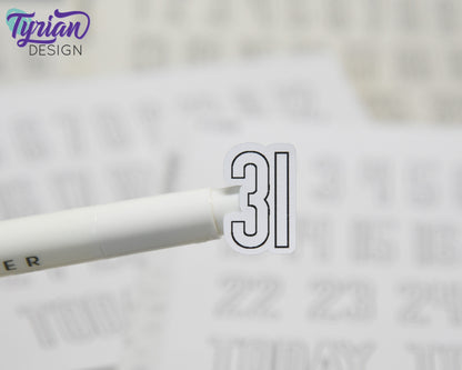 1-31 Stickers | Dates of the Month Stickers | 33 Stickers | .85"H x Various Width  | 5 x 7.25" Sheet | White or Clear Matte | Keeper Font