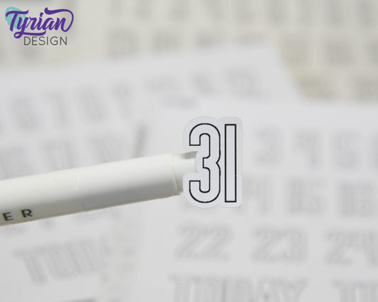 1-31 Stickers | Dates of the Month Stickers | 33 Stickers | .85"H x Various Width  | 5 x 7.25" Sheet | White or Clear Matte | Keeper Font