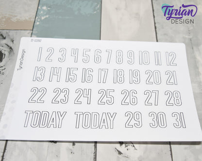 1-31 Stickers | Dates of the Month Stickers | 33 Stickers | .85"H x Various Width  | 5 x 7.25" Sheet | White or Clear Matte | Keeper Font