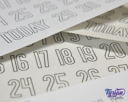 1-31 Stickers | Dates of the Month Stickers | 33 Stickers | .85"H x Various Width  | 5 x 7.25" Sheet | White or Clear Matte | Keeper Font