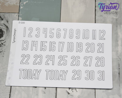 1-31 Stickers | Dates of the Month Stickers | 33 Stickers | .85"H x Various Width  | 5 x 7.25" Sheet | White or Clear Matte | Keeper Font