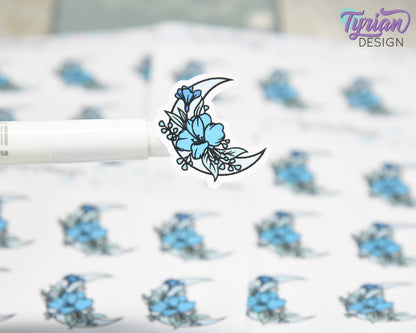 Blue Moon Stickers | Flower Moon in Blue | 9 Stickers per sheet | 1 x 1" Sticker size | | 3.5 x 4.5" Sheet | White or Clear Matte