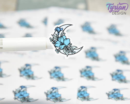 Blue Moon Stickers | Flower Moon in Blue | 9 Stickers per sheet | 1 x 1" Sticker size | | 3.5 x 4.5" Sheet | White or Clear Matte