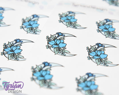 Blue Moon Stickers | Flower Moon in Blue | 9 Stickers per sheet | 1 x 1" Sticker size | | 3.5 x 4.5" Sheet | White or Clear Matte