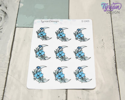 Blue Moon Stickers | Flower Moon in Blue | 9 Stickers per sheet | 1 x 1" Sticker size | | 3.5 x 4.5" Sheet | White or Clear Matte